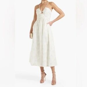Monique Lhullier Ruched Metallic Jacquard Midi Dress